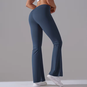 High Waist Flared Leg <b>Yoga</b> Leggings Solid Color Seamless Full Length Elastic Waist Spandex Nylon Women's <b>Pants</b> - Product Image 5
