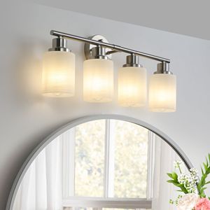 24\" Modern 4-<b>Light</b> Vanity Wall <b>Sconce</b> Brushed Nickel Finish Frosted Glass Shades for Bathroom Hallway Lighting No Bulb Required - Product Image 3