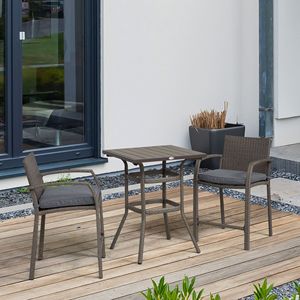 Set da 3 Pezzi per Esterni: Tavolo Effetto Legno e 2 Sgabelli in Rattan Intrecciato, Resistente alle Intemperie, Grigio, per Veranda o Giardino - Product Image 2