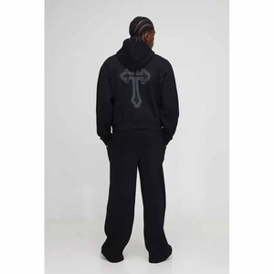 Men's <b>Black</b> Rhinestone Cross Embellished Full-<b>Zip</b> <b>Hoodie</b> and Matching Pants Tracksuit OEM ODM Wholesale Apparel - Product Image 5