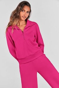 Unisex <b>Pink</b> Quarter Zip <b>Sweatshirt</b> Set Regular Sleeve Knitted Solid Color Loose Fit Casual Autumn Wear With Pocket - Product Image 6