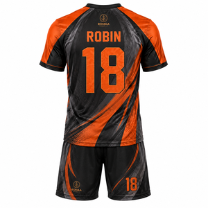 Ensemble de maillot de football personnalisé orange et noir, maillot sublimé, short, col en V, évacuation de l'humidité, extensible dans quatre directions, respectueux de l'environnement, adulte - Product Image 3