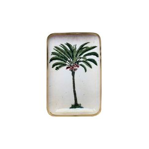 Bandeja Decorativa Rectangular de Metal de Lujo con Borde de Latón Dorado y Diseño de Palmera Esmaltada Hecha a Mano, para Joyas y Aperitivos - Product Image 1