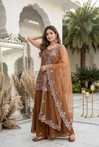Designer Sequence Embroidery Work And Hand Pearl Work Georgette Fully Stitched <b>Top</b> With Georgette Stitched Plazzo And Dupatta - Product Image 3