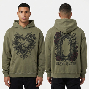 Sudadera con Capucha Verde Menta con Lavado Ácido para Hombre, Larga y Oversize, con Gráfico de Corazón de Disco de Vinilo Roto, Estilo Urbano, Fabricante Personalizado - Product Image 4