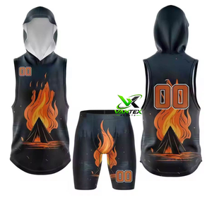 VANTEX Custom Sublimation Black Hooded <b>Men's</b> Basketball Jersey <b>Shorts</b> Set with Flame Design 100% Polyester - Product Image 1