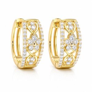 Boucles d'oreilles créoles de luxe en or jaune avec diamants ronds taille brillant, motif floral, sertissage à griffes, bijoux de mariage pour femme - Product Image 3