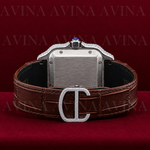 Luxury Mechanical Analog Square <b>Watch</b> Men | Iced Roman Numeral Date | Brown Leather Strap Stainless Steel <b>Case</b> Water Resistant - Product Image 3