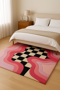 Tapis de luxe de qualité supérieure, noir, blanc, rose, motif échiquier, forme carrée, bordure ondulée, pour la décoration de bureau - Product Image 2