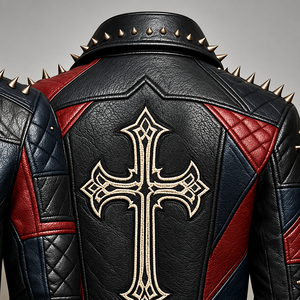 Chaqueta de Motociclista de Cuero Genuino para Hombre, Negra con Bordado de Calavera y Cruz Roja, Estilo Biker, Resistente al Viento, Corte Ajustado, Cuello Redondo, Transpirable - Product Image 4