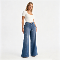 Pantalon en jean taille haute à jambe large, bleu délavé moyen, coupe ample, longueur intégrale, en coton, style décontracté, fermeture boutonnée, motif à pois perlés