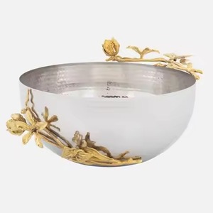 Cuenco de Servir de Diseño Único, Acero Inoxidable Pulido, Plato Pequeño y Poco Profundo, Base Dorada de Latón, Escultura Floral de Amapola en el Centro - Product Image 6