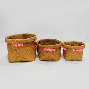 New Design Palm Leaf Storage <b>Basket</b> Round Mouth <b>Square</b> Bottom Cube Bin with Pom Poms - Product Image 6