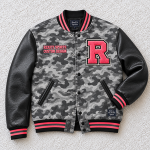 Veste universitaire unisexe avec applique lettre, motif imprimé, fermeture boutonnée, manches contrastantes en PU, logo personnalisé, style baseball - Product Image 1
