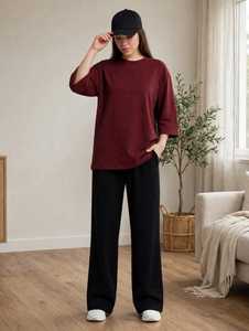 Women Solid Maroon Three Quarter Sleeve <b>Top</b> <b>And</b> <b>Black</b> Wide Leg Pants Two Piece Casual <b>Set</b> - Product Image 6