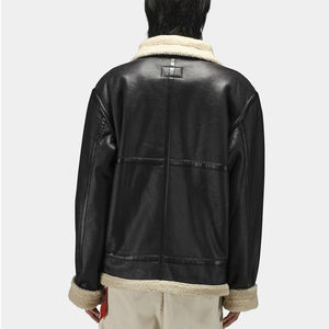 Veste en cuir véritable noire pour homme, col rabattu, doublure en sherpa, fermeture éclair, coupe-vent, vêtements d'hiver, style moto - Product Image 5