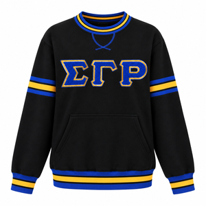 Sigma Gamma Rho <b>Black</b> Chenille Letter Crewneck <b>Sweatshirt</b> with Kangaroo Pocket Royal Blue Gold Striped Ribbed Trim Greek Apparel - Product Image 3