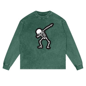 Dabbing <b>Skeleton</b> Long Sleeve T-Shirt Unisex Crew Neck 100% Cotton Loose Fit All Seasons Green Pattern Front Print - Product Image 1