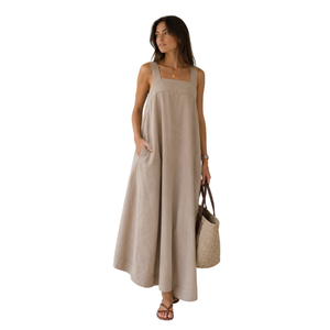 Wholesale Women's Long Plain Cotton Dyed Dress with Square Neckline and Pockets Spring/Summer Breathable Long Dress Women's Wear - Product Image 1