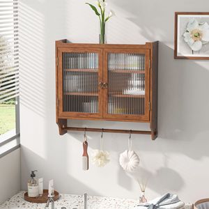 24.8\" Vintage Glass Door Double Door <b>Wall</b> Cabinet with Three Tiers of <b>Storage</b> Towel Rack for Bathroom Kitchen Dining Room - Product Image 1
