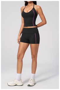Black 2 Piece Yoga Set Halter <b>Crop</b> <b>Top</b> High Waist Shorts Contrast Stitch Seamless Quick Dry Spandex Polyester - Product Image 2