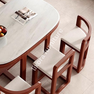 Modern Luxury 6 Seater <b>Dining</b> <b>Table</b> Set Oval White Marble <b>Top</b> with Solid Wood Space Saving Chairs - Product Image 2