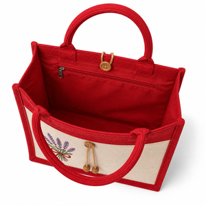 Sac fourre-tout en jute laminé rouge avec imprimé lavande et bouton en bois – Sac de courses écologique réutilisable pour mariages et expositions - Product Image 4