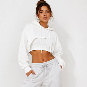 Minimalist Solid Color Layered Crop Hoodie women's shirt Custom Cotton Open Front Bolero <b>Shrug</b> Long Sleeve Drawstring Athleisure - Product Image 5