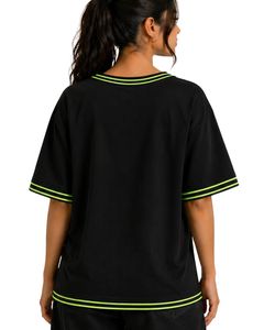 T-shirt oversize noir et vert néon pour femme, col rond décontracté, manches courtes, bordure contrastante, coupe ample, doux et respirant, idéal pour l'été - Product Image 2