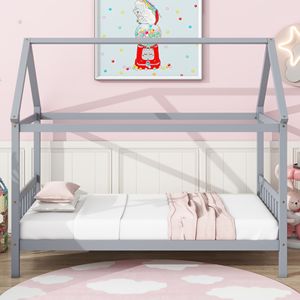 Letto a casetta grigio chiaro con testiera e pediera, per bambini, in legno di gomma, con design unico a forma di casetta - Product Image 6