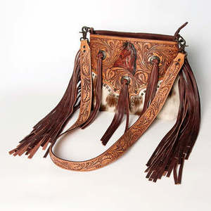 Brown White Fur Florals <b>Tooling</b> Carved 100% Genuine <b>Leather</b> Vintage Lady Cross-Body Shoulder Sling Bags Long Fringes Women - Product Image 2