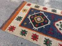 Southwestern Geometric Diamond Handloom Kilim Area Rug Navy Blue Wool Jute Floor Carpet Runner for Living Room Bedroom Decor