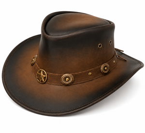 Chapeau de cowboy en cuir brun bruni avec bande de conchos, style western vintage, pour ranch et rodéo, à large bord, pour homme, pour l'extérieur - Product Image 1