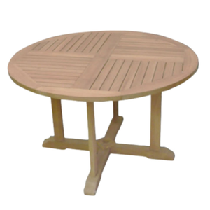 A <b>round</b> teak garden <b>table</b> featuring a paneled tabletop and cross-style legs, suitable for a dining room. - Product Image 1