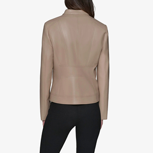<b>Women's</b> Beige Genuine <b>Leather</b> <b>Jacket</b> Stand Collar Zipper Front <b>Moto</b> Biker Racer Coat - Product Image 2