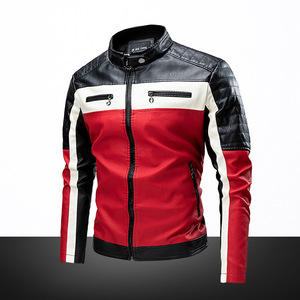 GURUNA-Z-INDUSTRY Veste de moto vintage en cuir PU marron pour homme Guruna Z, col montant, fermeture éclair, blocs de couleur, coupe-vent - Product Image 3