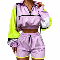 Ensemble short et veste courte zippée jaune fluo pour femme, coupe légère et régulière, printemps-été, coupe-vent, en nylon orné de strass