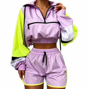 Women's Purple Neon Yellow Color Block Half-Zip Crop <b>Jacket</b> With Shorts Set Lightweight Loose Fit All Seasons Sportswear - Product Image 1