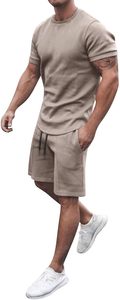 Conjunto deportivo de dos piezas para hombre, cuello redondo, manga corta, color sólido, tejido de punto, con logo personalizado impreso, informal, transpirable, para entrenamiento. - Product Image 4