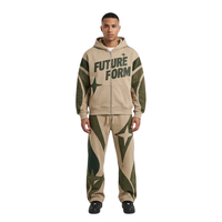 Setelan Olahraga Berkualitas Tinggi dengan Bahan Fleece Cokelat, Kerah Hoodie, Lengan Jatuh, Lubang Logam, Ujung Celana Jogger, dan Cetakan Puff untuk Cuaca Dingin