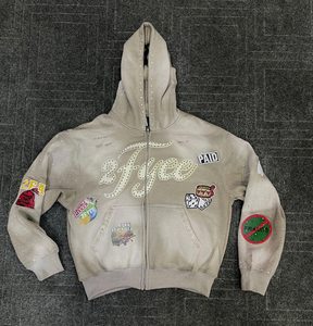 High Quality <b>Men's</b> <b>Red</b> Hooded <b>Sweatshirt</b> Oversized Streetwear Puff Printed Logo Front Pocket Design Rhinestones Zipper Hoodie - Product Image 4