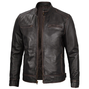 Men's Brown Genuine Leather Moto Biker Jacket Stand Collar Zipper Closure Autumn Wear Regular Fit Solid Color - Product Image 1
