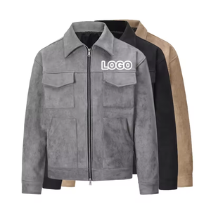 Men's <b>Suede</b> <b>Bomber</b> <b>Jacket</b> Breathable Polyester/Cotton Workwear Style Turn-down Collar Zipper Front Pockets Solid Color Autumn - Product Image 1