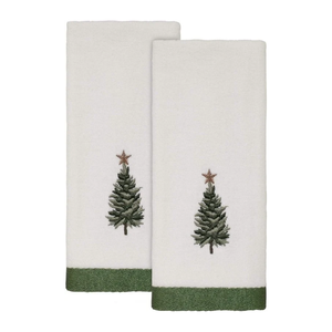 Serviettes de cuisine en coton personnalisables brodées de haute qualité, motif sapin de Noël, design original, bordure verte, lavables en machine - Product Image 1