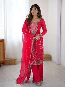 TENNYC Nuevo Conjunto de Traje de 3 Piezas de Diseño Exclusivo en Georgette Sintético Pesado con Bordado para Bodas y Diwali - Tela Elástica - Product Image 2