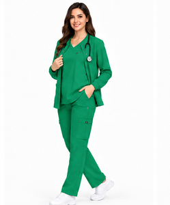 Ensemble de 3 pièces de tenues médicales souples et extensibles pour femmes et hommes, uniformes d'infirmières, médecins, personnel de pharmacie et d'hôpital avec veste assortie - Product Image 5