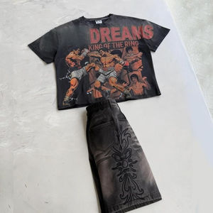 T-shirts et shorts vintage en coton 260 g/m² pour hommes, délavés à l'acide, coupe oversize, col rond, motif graphique, style décontracté - Product Image 2