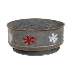 Maceta Redonda de Metal Galvanizado con Diseño de Copos de Nieve Rojos y Blancos para Plantar Flores - Product Image 1