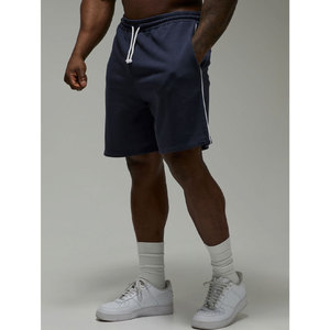 Shorts Bermuda en Coton Bleu Marine pour Homme avec Bande Latérale Blanche, Taille à Cordon, Coupe Décontractée, Longueur Mi-Mollet, Tissu Tricoté - Product Image 1
