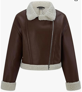 Good Quality Faux Shearling Racer Moto <b>Jacket</b> Thick Fur Lined Sherpa <b>Leather</b> Coat Winter Outerwear Finished - Product Image 1